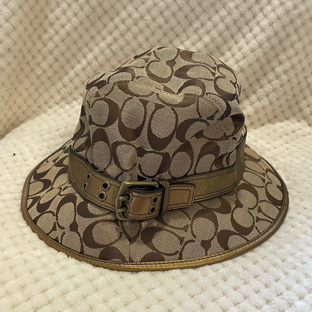 Coach Brown & Tan Signature Bucket Hat with Gold Trim and Gold Buckle Band